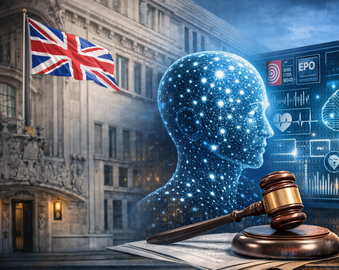 UK Supreme Court AI ruling concept with gavel, neural network